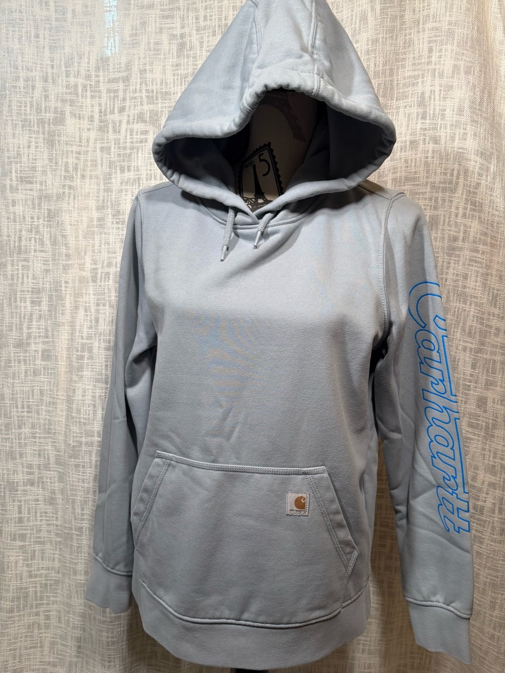 Carhartt Men's Light Blue Crewneck Hoodie with Script Sleeve